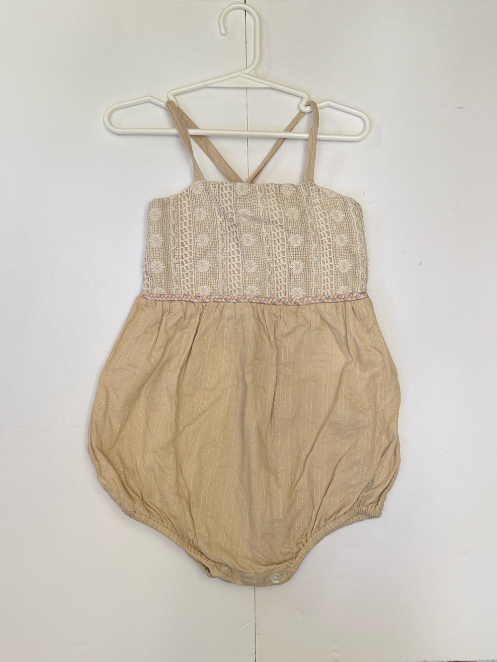 Well Dressed Wolf Josie Romper Tan w Pink Cream & Blue Braided Trim Girls 3T